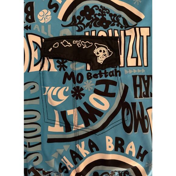 Hawaiian island creations (HIC) Board shorts blue and black Design sz 32 - Picture 10 of 12